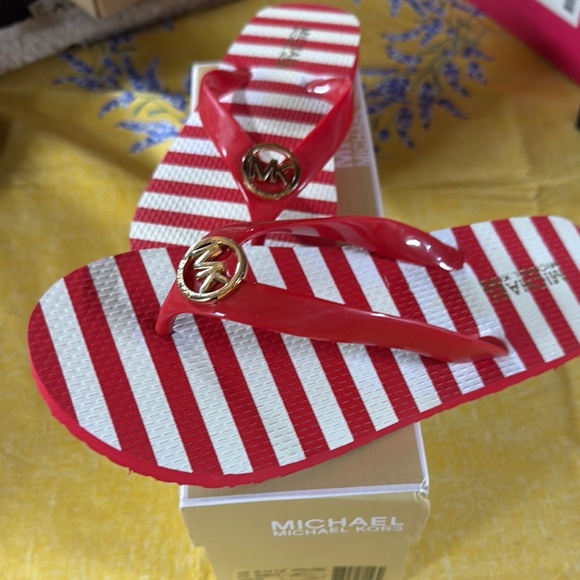 Michael Kors Red and White Striped Flip Flops - Picture 1 of 6